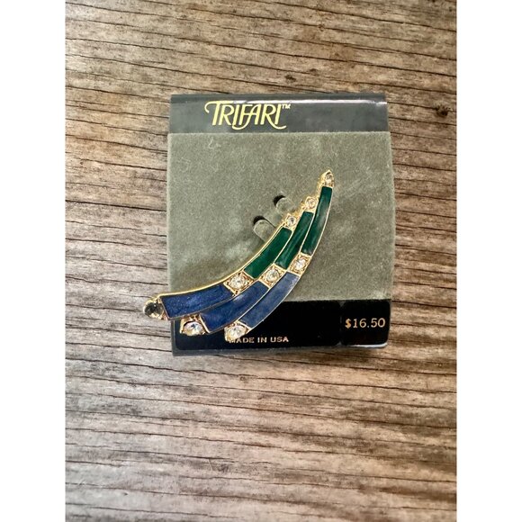 Vintage Trifari Made In USA Green & Blue Enamel Brooch With Rhinestones 4414 - Picture 3 of 5